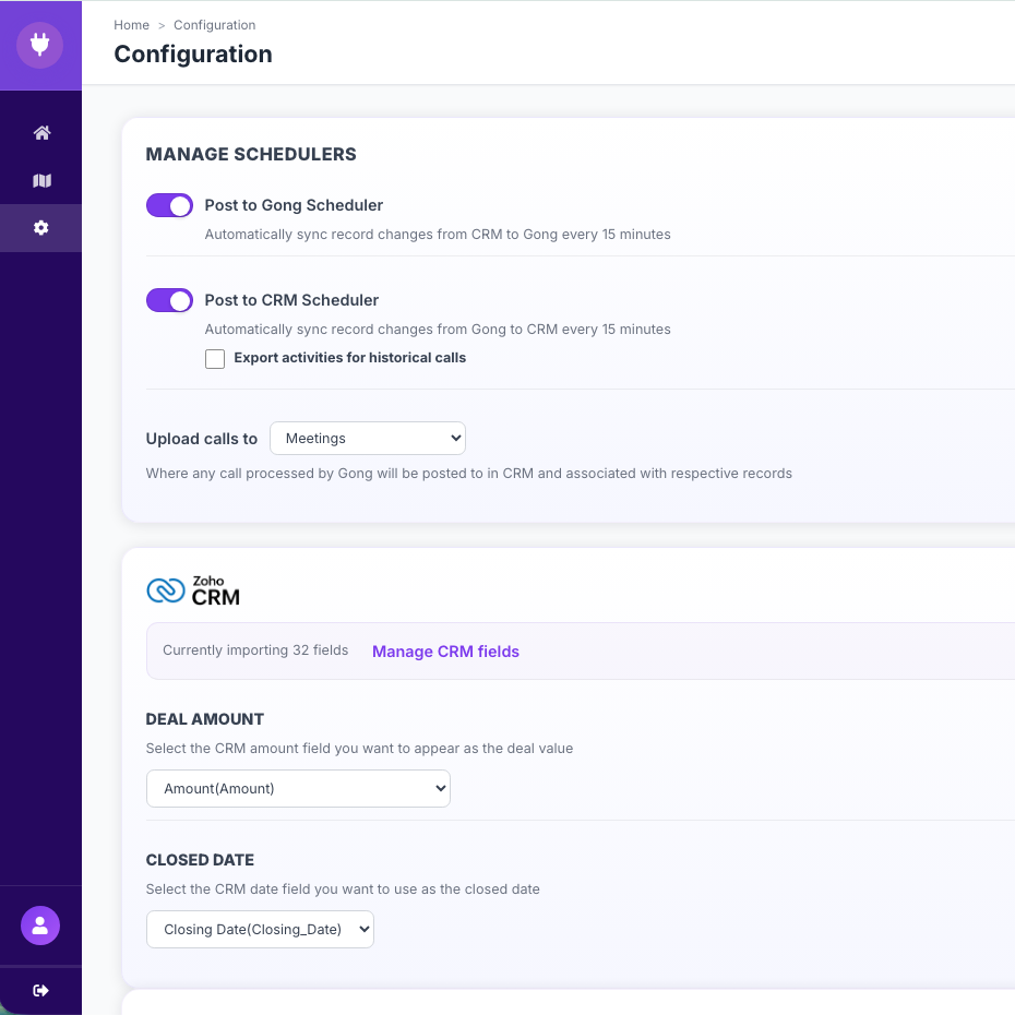 CRM Connect Configuration screen — Manage Schedulers with Post to Gong and Post to CRM toggles and the Zoho CRM field summary