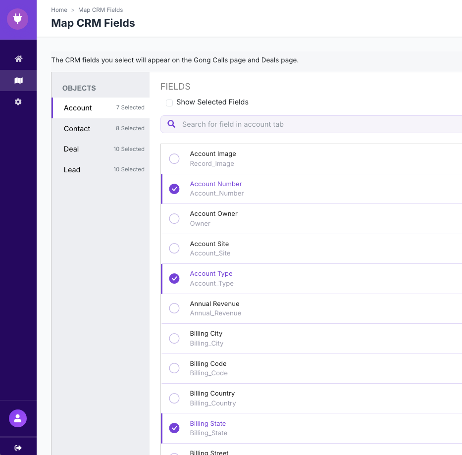 CRM Connect Map CRM Fields screen — objects list on the left, field checkboxes on the right